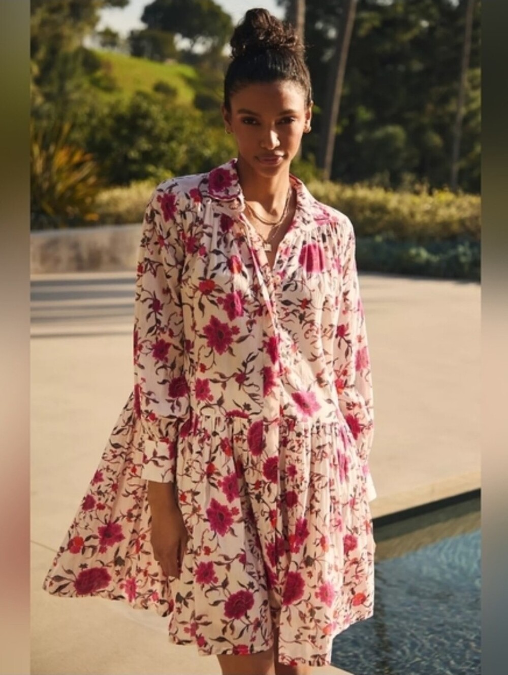 Tuckernuck Cream Dress with Pink Floral Print - Long Sleeve